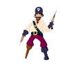 © Buch&Bee - Cartoon one legged pirate character. Vector swashbuckling sailor or corsair personage with mischievous grin and wooden leg, wielding trusty flintlocks, seeking adventure and treasures on the high seas
