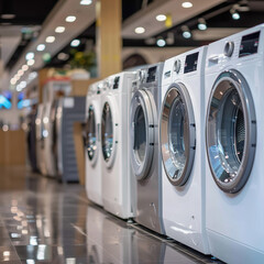 Row of washing machines on display in appliance store