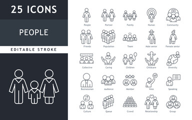 Set of line icons related to people, group, family, human, team, community, friends, population and senior icons. Outline icon collection. Editable stroke.