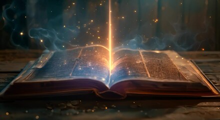 A magical grimoire open to a spell page, casting an ethereal light