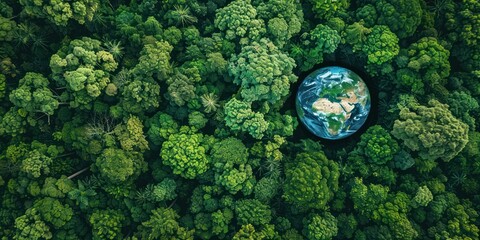 Wall Mural - Aerial top view of green forest tree and a big global globe in a side 