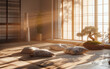 Loft interior design of minimal living room, Japanese Zen tatami mats low seating bonsai tree in a corner shoji screens filtering soft sunlight