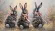 three adorable rabbits sitting in a meadow, with their backs to the viewer. Each rabbit has a distinct
