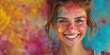 Happy, smiling girl celebrating Holi festival in portrait. Generative Ai
