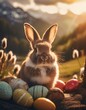 easter bunny posing with colorful eggs