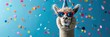 Alpaca with a blue back, sporting a party hat and sunglasses. Generative Ai