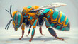 A yellow and blue bee with a robotic arm. The bee is standing on a white surface. The bee has a robotic arm that is attached to its body. The bee is a unique