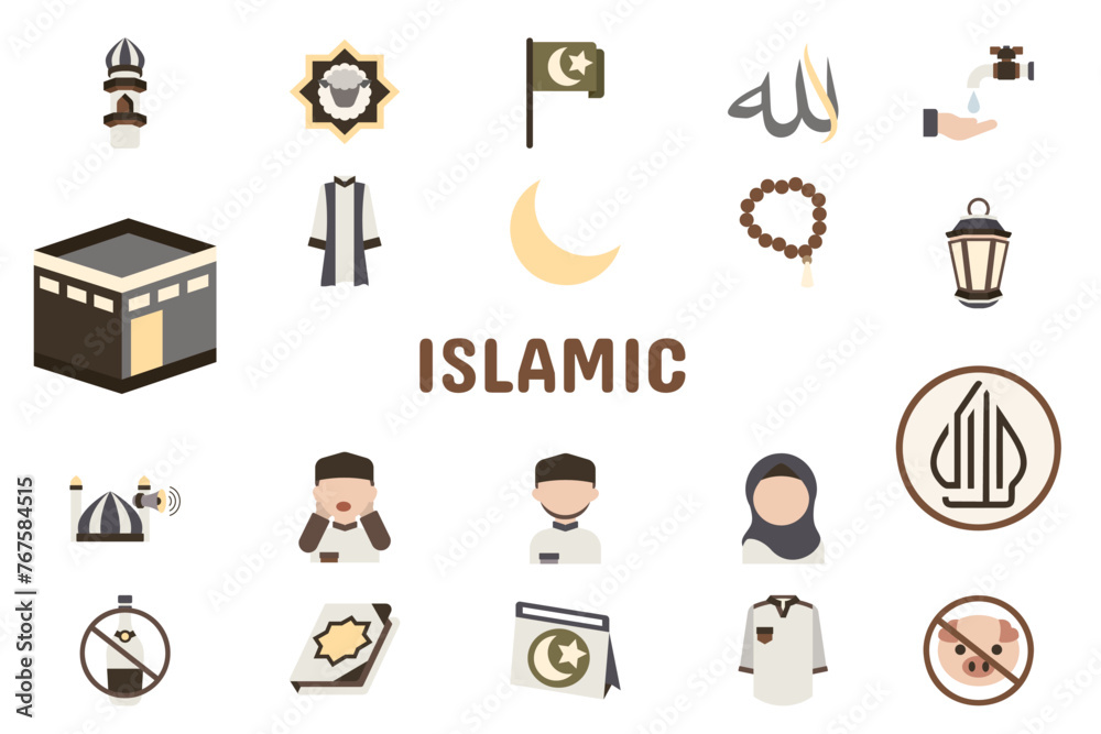Islamic Flat Vector Illustration Icon Sticker Set Design Materials ...