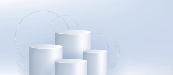Poster - White 3D cylinders and silver circles isolated on gradient background. Vector realistic illustration of geometric design platforms for beauty product presentation, empty round low and high podiums