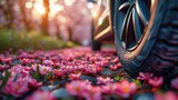 Fototapeta  - summer tires in the blooming spring in the sun - time for summer tires