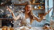Joyful woman in a flour explosion while baking in a sunny kitchen.