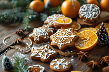 assorted decorative Christmas cookies and oranges. dessert and holiday baking. creative handmade