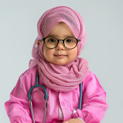 Wall Mural - cute baby girl in doctor uniform with pink hijab and glasses and stethoscope in her ears act like a doctor, isolated on white