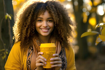 Wall Mural - beautiful young African woman with a plastic cup of aromatic black coffee walks along the street. healthy and healthy drinks