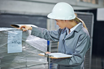 Poster - Logistics, clipboard and woman in warehouse with inventory for quality control and freight distribution. Hardhat, inspector and wholesale supplier with stock checklist in supply chain for inspection