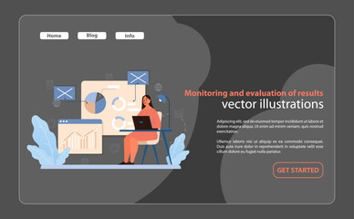 Poster - Results Evaluation Vector. A focused analyst conducting meticulous monitoring and evaluation of benchmarking outcomes.