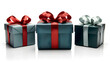 three gift colored boxes tied with a satin ribbon on a white background. holiday gift packaging