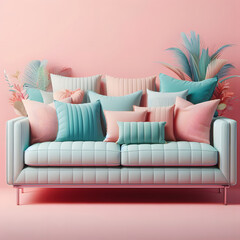 Sofa, pastel colors, isolated on a Pink background, Modern stylish sofa, Furniture, interior object