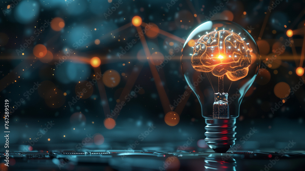 Glowing brain inside a light bulb represents the power of inspiration ...
