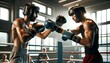 A medium shot of two boxers sparring in the ring with protective headgear and gloves on.