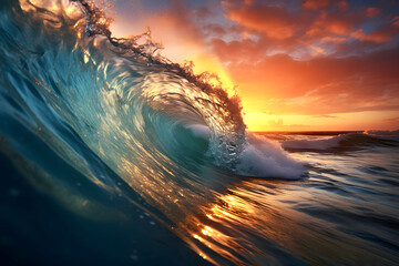 Wall Mural - Beautiful ocean surfing wave at sunset beach