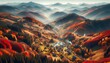 A bird's-eye view of a mountainous region during the peak of fall, with the foliage creating a patchwork of colors.