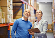 © T. Rose/peopleimages.com - Clipboard, warehouse or business people with vision for logistic, delivery or cargo, shipping or planning. Factory, supply chain or team smile for paper checklist or retail, stock or procurement note