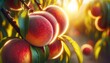 An image showcasing sunlit peaches on a tree, focusing on the fuzzy texture of the peach skin.