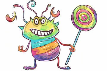 Cartoon cute doodles of a multicolored monster with a big smile and wiggly antennae, holding a giant lollipop, Generative AI