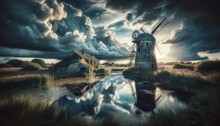 An Abandoned Windmill Beside A Still Pond, With The Reflection Of The Cloudy Sky On The Water's Surface.
