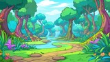 Fototapeta Pokój dzieciecy - cartoon landscape with lush greenery and winding path