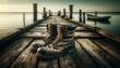 An intimate close-up of a pair of old, worn-out fishing boots resting on the wooden planks of a dock, with the calm sea in the background.
