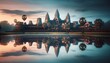 A serene image capturing the main temple of Angkor Wat reflected perfectly in the calm waters of the moat during early morning or late afternoon.