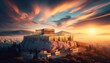 A panoramic view of the Acropolis at sunrise, with the Parthenon temple illuminated by the soft golden light of the morning sun.