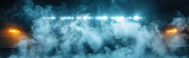 Wall Mural - Stadium lights through with light and smoke, creating a dramatic and atmospheric scene.