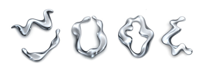Poster - Abstract fluid 3d metal shape for y2k design. Realistic vector illustration set of chrome liquid blobs and drops. Wave and circle silver element. Trendy mercury droplet and splash flow decoration.