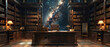 3D rendering of a file cabinet in an archive room, dimly lit with a majestic starry night view, grand and atmospheric