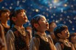 Children in chorus, 3D rendered singing scene, music school backdrop, under a grand starry night sky