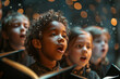 Group of children from music school singing in choir, 3D rendering, under a starry night sky, serene and majestic