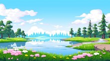 Cartoon Landscape With A Reflective River, Lush Greenery, And Blooming Flowers Under A Clear Sky