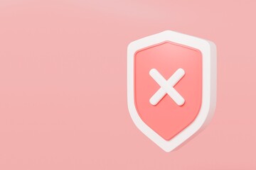 Poster - 3d Realistic Shield unprotected with cross mark icon. Unprotection, Unapproved, Un security unsafe concept. Minimal blue and white shield verified badge icon isolated on red background. 3d rendering.