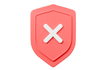 Poster - 3d Realistic Shield unprotected with cross mark icon. Unprotection, Unapproved, Un security unsafe concept. Minimal blue and white shield verified badge icon isolated on red background. 3d rendering.