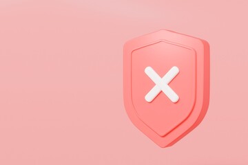Poster - 3d Realistic Shield unprotected with cross mark icon. Unprotection, Unapproved, Un security unsafe concept. Minimal blue and white shield verified badge icon isolated on red background. 3d rendering.