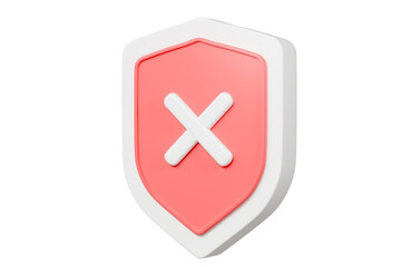 Poster - 3d Realistic Shield unprotected with cross mark icon. Unprotection, Unapproved, Un security unsafe concept. Minimal blue and white shield verified badge icon isolated on red background. 3d rendering.