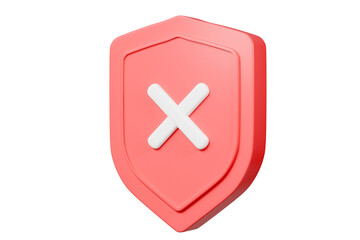 Poster - 3d Realistic Shield unprotected with cross mark icon. Unprotection, Unapproved, Un security unsafe concept. Minimal blue and white shield verified badge icon isolated on red background. 3d rendering.