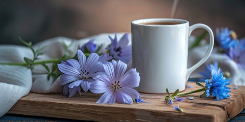 Wall Mural - A white coffee cup with flowers on a wooden table. The flowers are blue and purple and are scattered around the cup