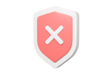 Poster - 3d Realistic Shield unprotected with cross mark icon. Unprotection, Unapproved, Un security unsafe concept. Minimal blue and white shield verified badge icon isolated on red background. 3d rendering.