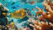 A school of fish swims in a coral reef. The fish are of various colors, including yellow, orange, and blue. The coral reef is teeming with life, and the fish seem to be enjoying their underwater world