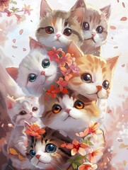 Wall Mural - pile cats on top of each other. cute cats group art illustration