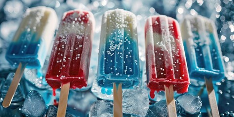 Wall Mural - A row of ice cream pops with blue, red, and white colors. The pops are covered in sprinkles and are sitting on a tray of ice